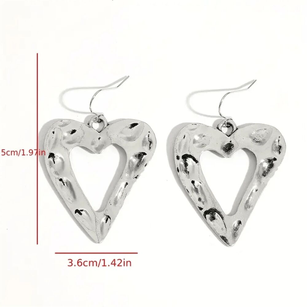 Large Silver Heart Drop Earrings Hammered Open Dangle Pendant Charm Abstract - Picture 3 of 4